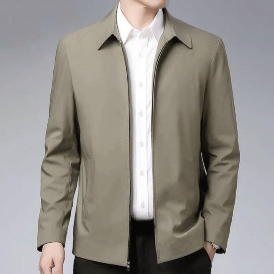 Men Jacket Lapel Solid Color Mid-aged Elderly Men Long Sleeve Zipper Closure Straight Formal Business Casual Soft Spring Fall Daily Coat