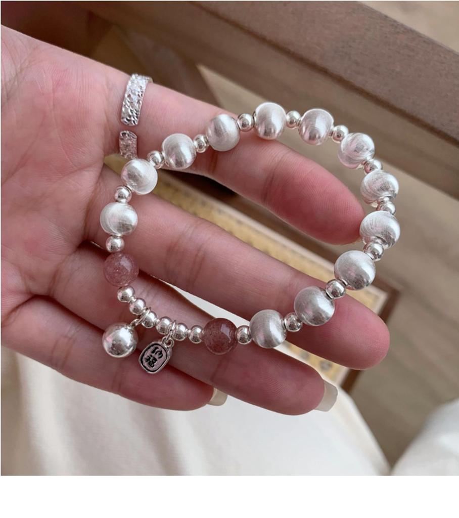Women's Retro Geometric Bracelet with Strawberry Beads and Chinese Hanzi Pendant