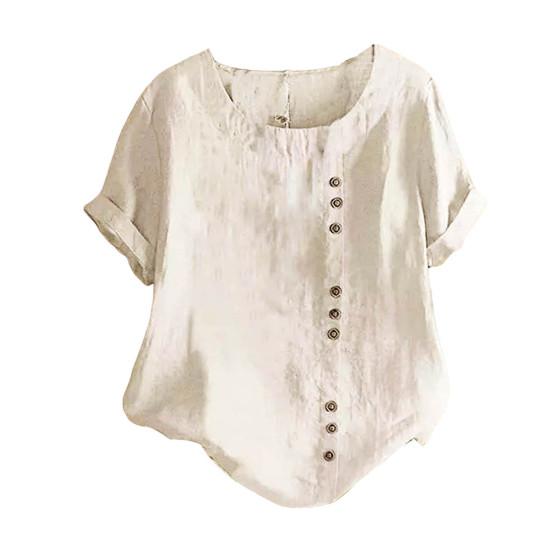 Women Summer T-shirt Round Neck Short Sleeve Buttons Decor Tee Shirt Solid Color Loose Fit Pullover Tops Daily Wear