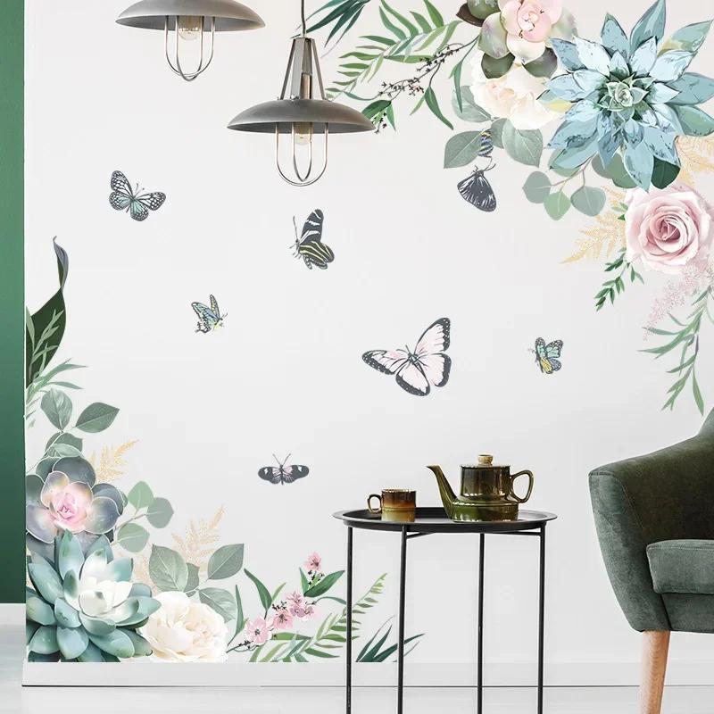 Green Wall Sticker Home Decor Living Room Wall Decals Flowers Tropical Leaf Wall Art Butterfly Decor Tropical Leaves Wallpaper