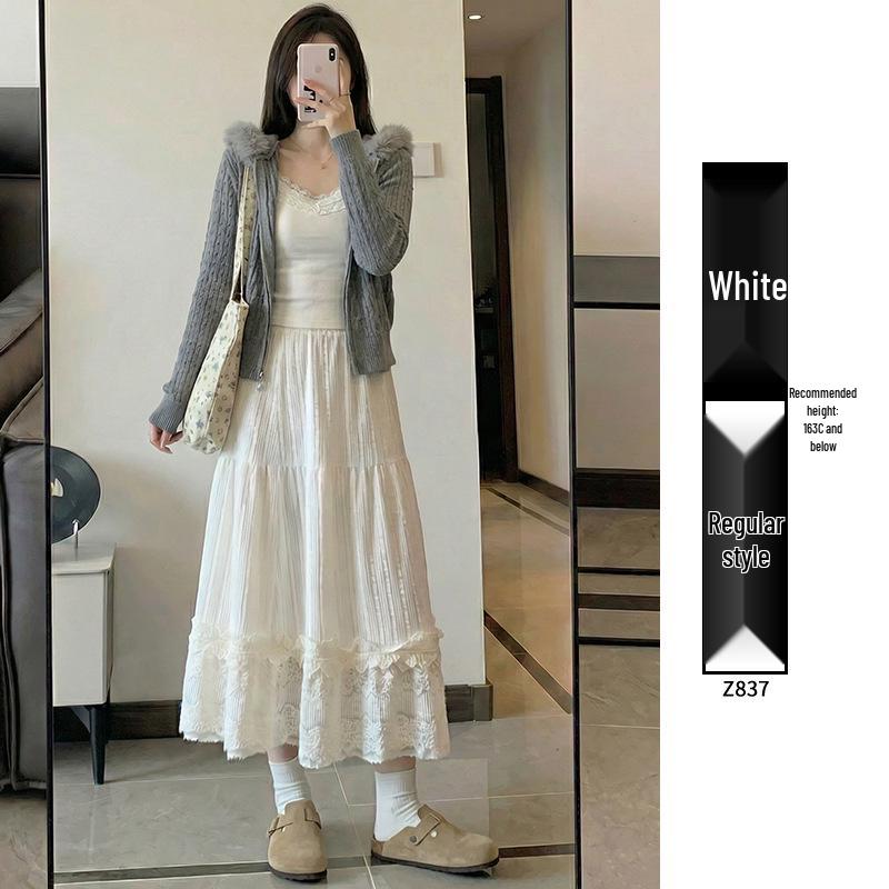 

Women s French Velvet Lace Patchwork A-line Skirt, Layered Plush for Spring and Autumn - Elegant and Fairy Style. L for 116-130 lbs