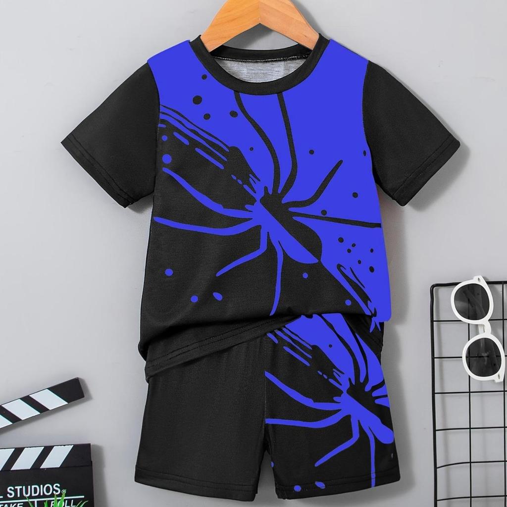 Children's clothing 2-piece set, boys' 3D printed spider pattern short sleeved T-shirt shorts set, summer sports