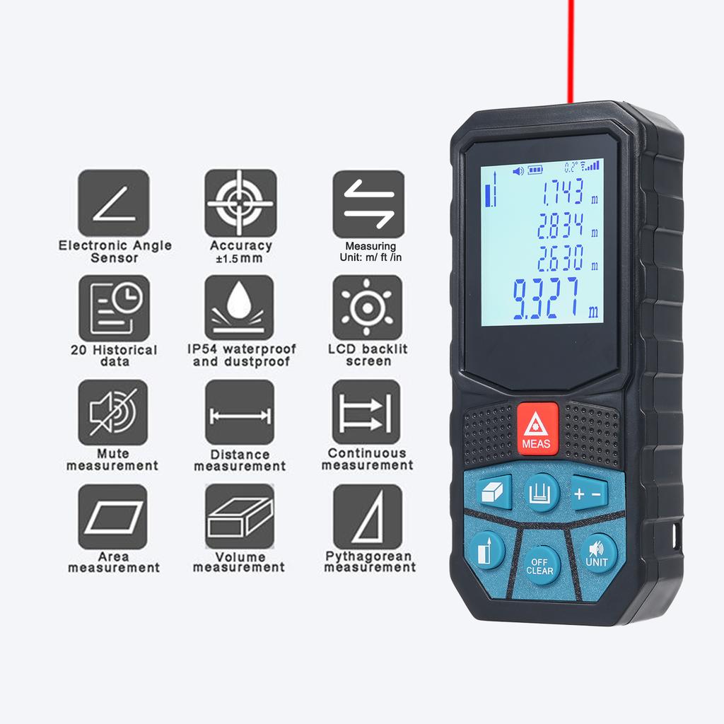 Distance Meter Angle Sensor with 2inch Backlit LCD Screen High Accuracy Multi Measurement Modes Pythagorean Distance Area Volume Angles Measure