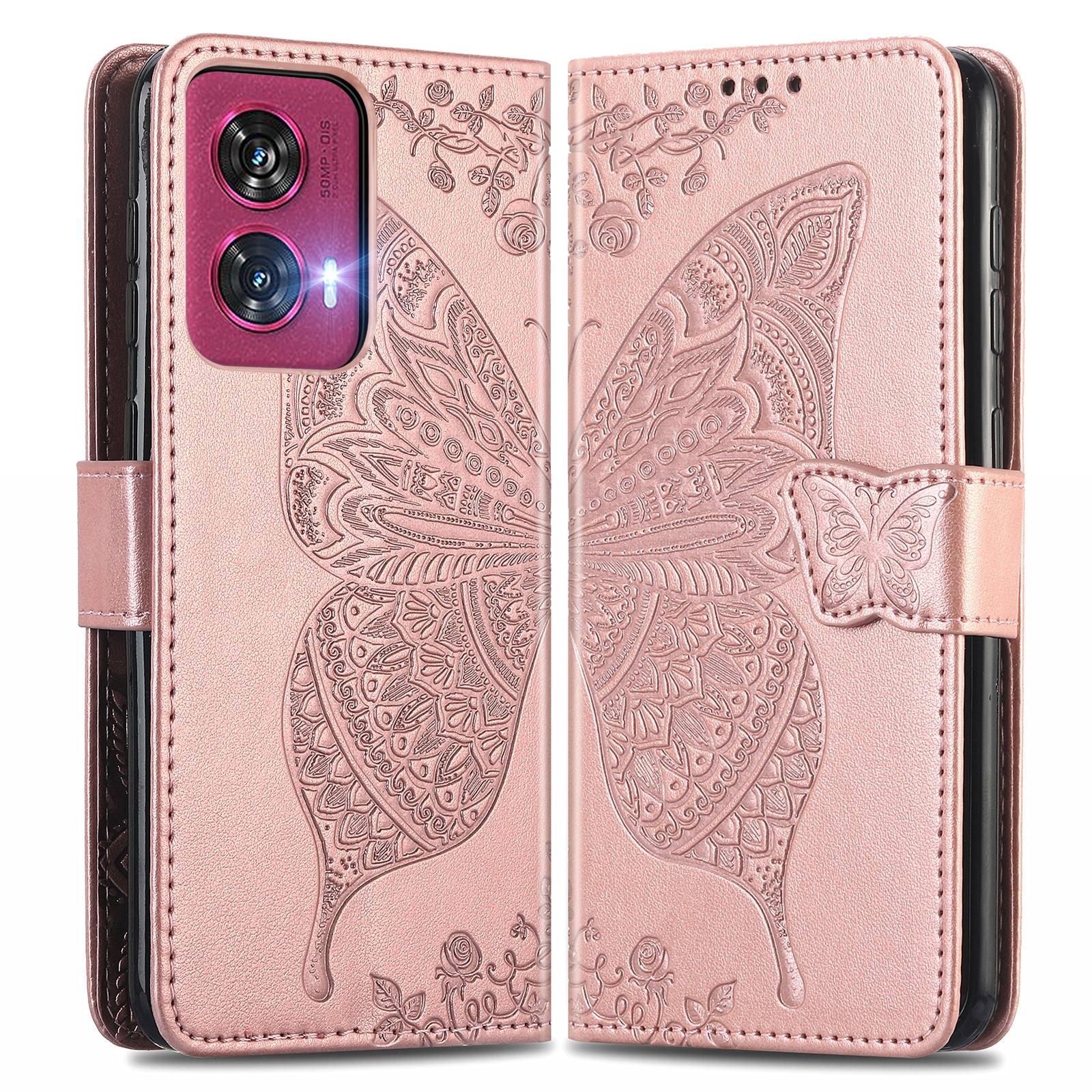 

For Motorola Edge 50 Fusion 5G Case Wallet PU Leather Butterfly Phone Cover Rose Gold