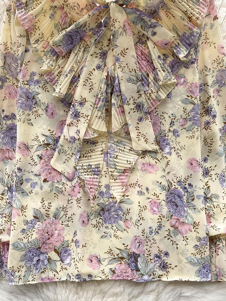 Damen Frühlingsbluse Elegantes Hemd mit Schleifenkragen Patchwork Plissierter Rüschenrand Slim Fit Oberteile Französischer Stil Puffärmel Lässige Bluse