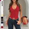 Y2k Summer Halter Backless V Neck Button Crop Top For Women