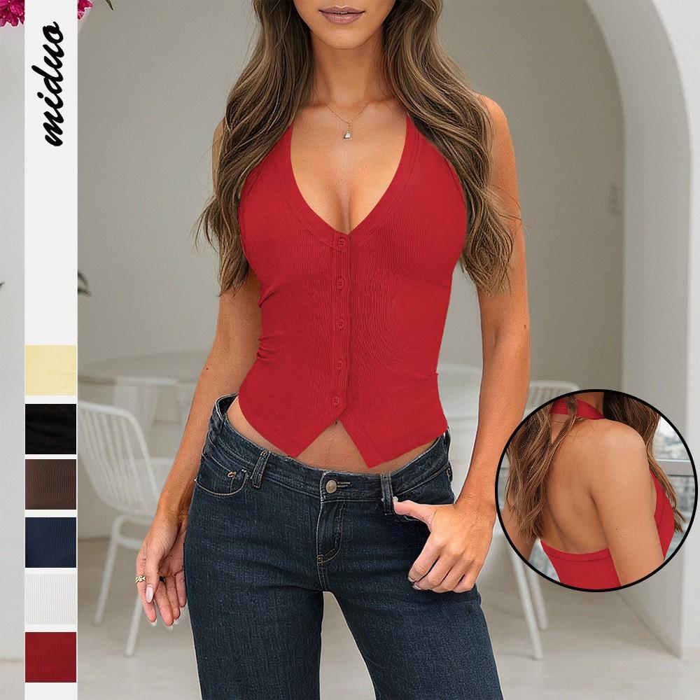 Y2k Summer Halter Backless V Neck Button Crop Top For Women S
