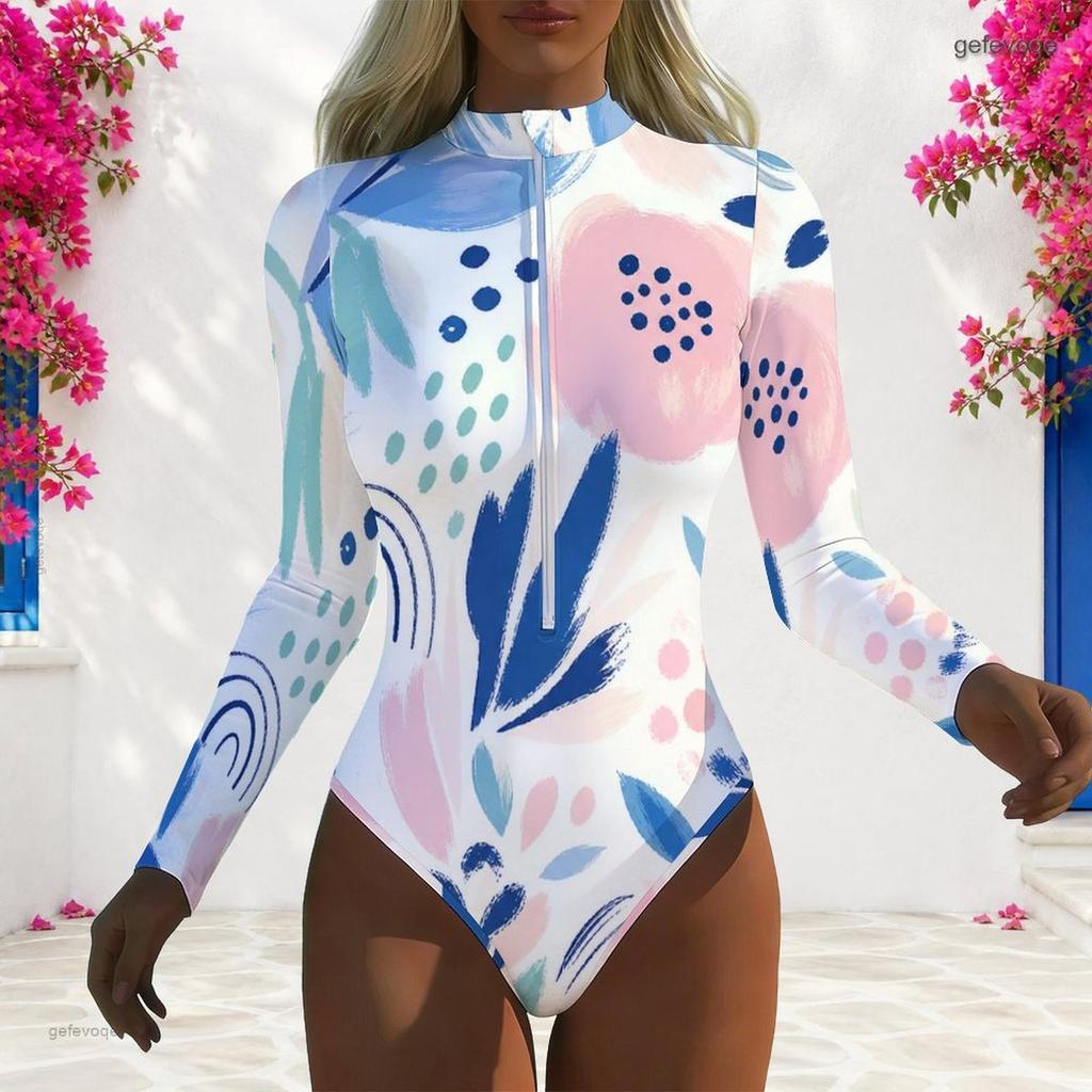 Women Plus Size High Neck Long Sleeve Front Zip Printed One Piece Swimsuit