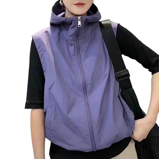 Women Ves Hooded Cardigan Sleeveless Drawstring Loose Sun Hem Solid Color Zipper Closure Protection Casual Sports
