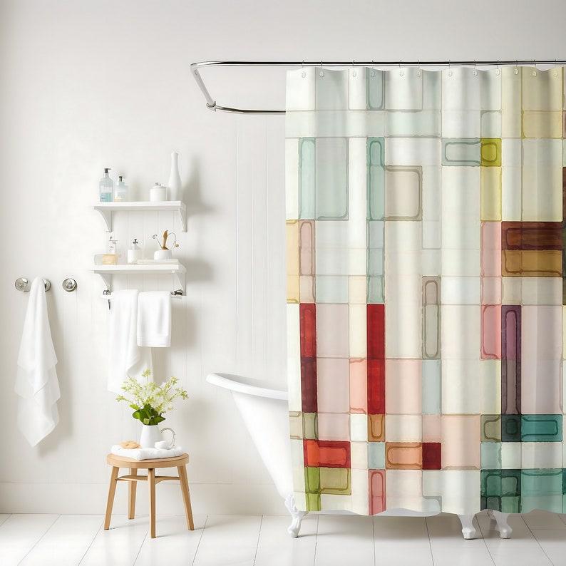 Geometric Watercolor Shower Curtain, Abstract Art Bathroom Decor, Pink, Peach, Yellow, Red, Green, & Brown Modern Bath