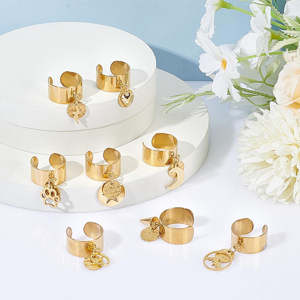 304 Stainless Steel Open Cuff Rings, with Stainless Steel Pendants, Mixed Shapes, 30~38mm, 8pcs/set
