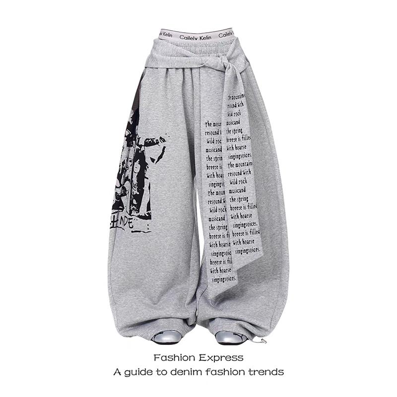 Women Gray Gothic Baggy Y2k Letter Print Pants Harajuku 2000s Vintage Oversize Sweatpants Wide Leg Trousers Autumn
