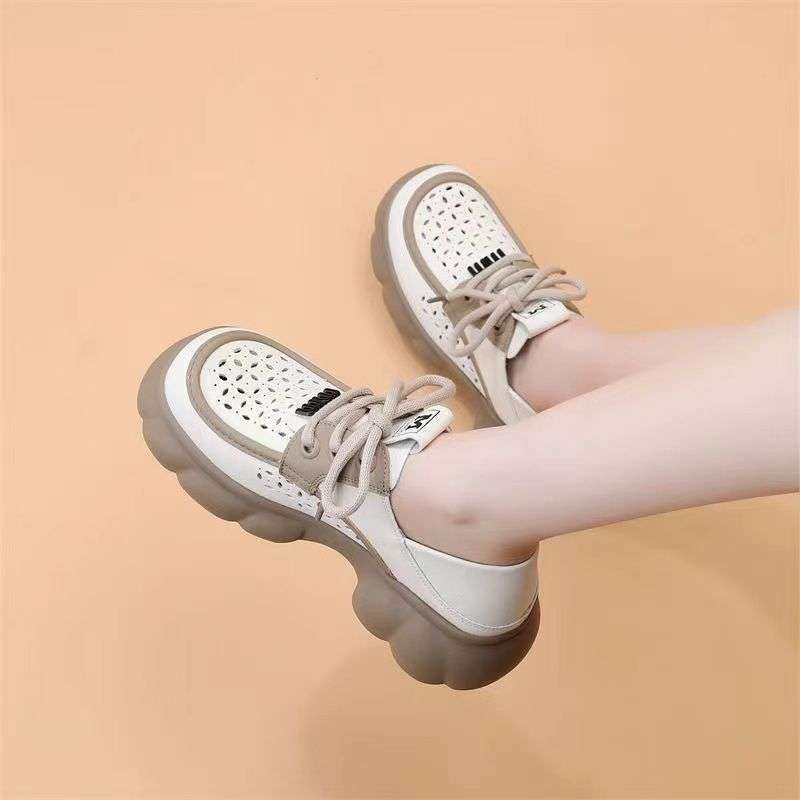 Damen Sommer hohle atmungsaktive Muffin-Schuhe neu vielseitig dicksohlige erhöhende Schnürschuhe einzelne Schuhe