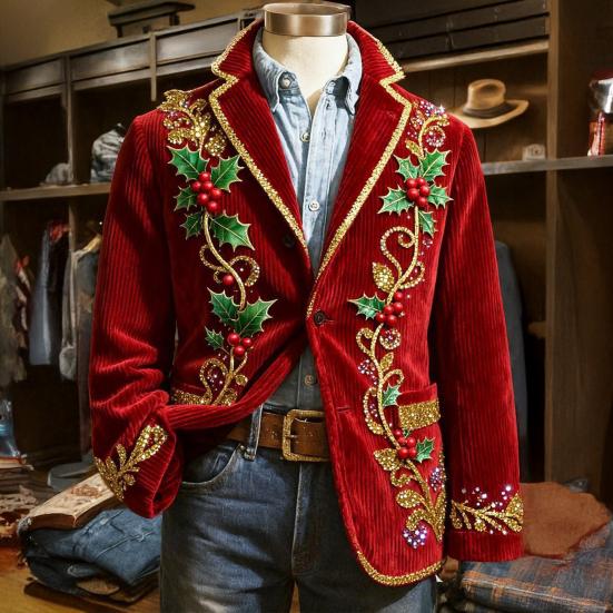 Płaszcz Garniturowy Sztruksowa Kurtka Zimowa Slim Fit Jednorzędowy Płaszcz Garniturowy Klapy Długi Rękaw Nadruk z Motywem Świątecznym 3D Odzież Wierzchnia