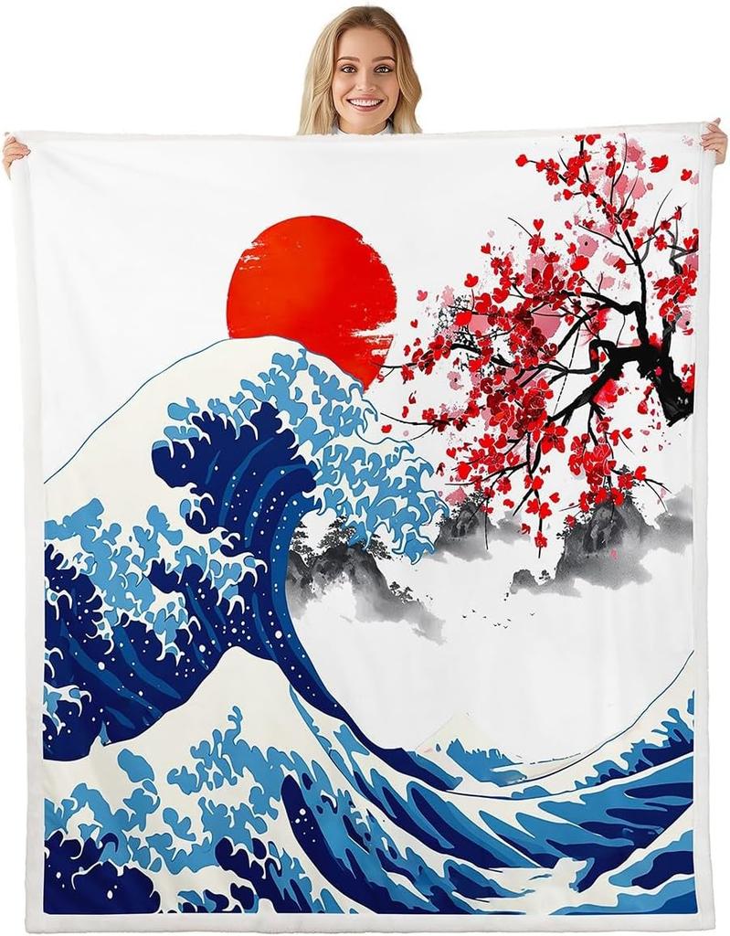 GUOYU Blanket Japanese Wave Fleece Throw Blanket Queen Japanese Style Plush Blanket for Boys Girls Teens Ocean Wave Sherpa Blanket Sea Waves