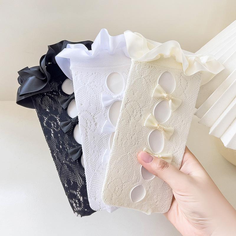 Ladies Summer Thin Sweet Bow Hollow Lace Lace Mid Tube Pile Socks