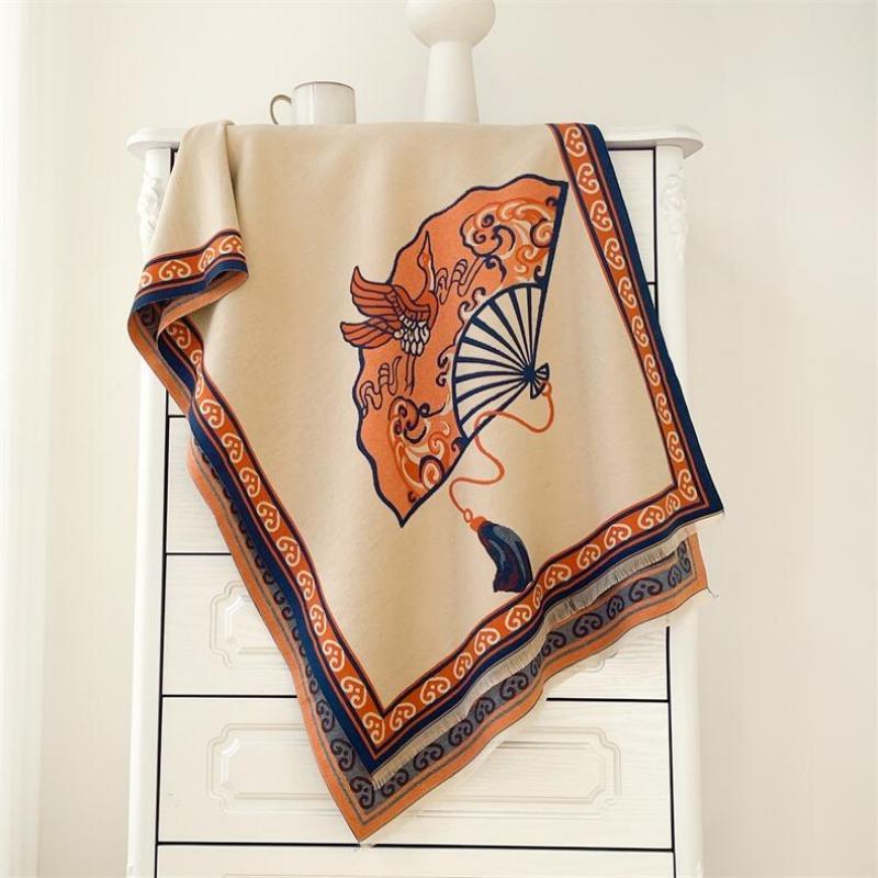 Fan Double-sided Imitation Cashmere Scarf Women's Winter High-end Sense Dual-purpose Thickened Air Conditioner Shawl Court Style Scarf