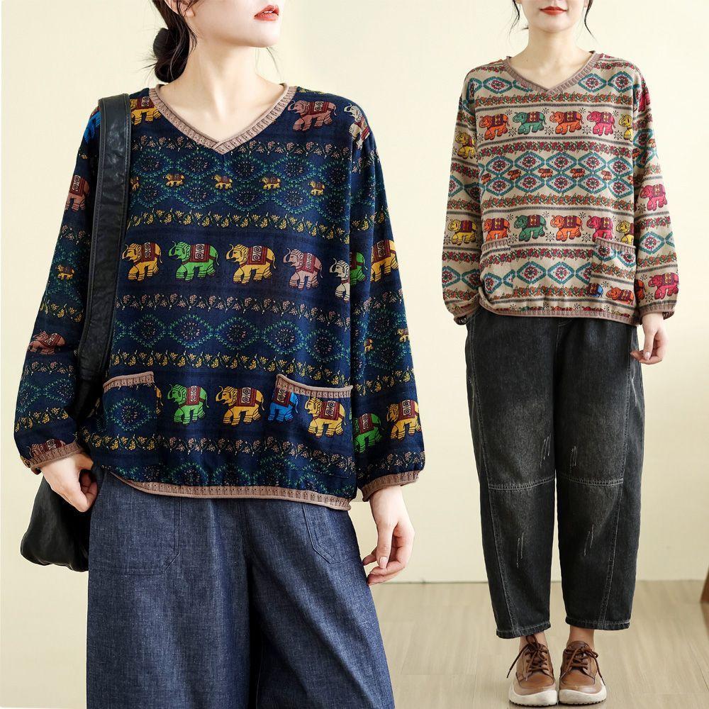 Retro National Style Cotton and Linen Long-sleeved V-neck Bottoming Shirt Women's Spring and Autumn Thin Loose and Thin Linen Pullover T-shirt Top