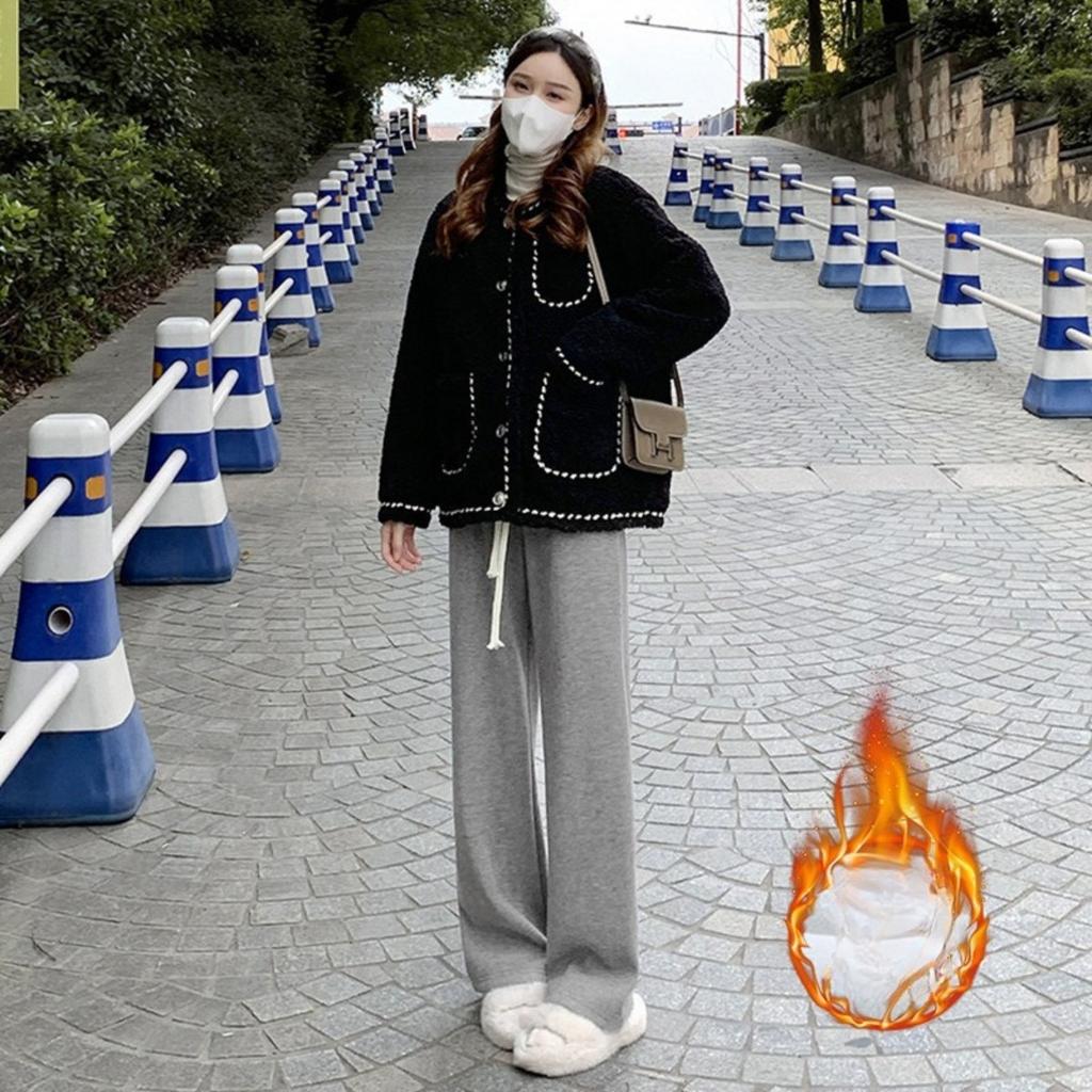 Plush, Knitted Pants, Women's Pants, Plush, Thickened, High Waisted Pants, Loose, Casual Pants, Straight Leg Pants, Wide Leg Pants