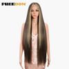 FREEDOM Yaki Straight Synthetische Spitzeperücken für Damen Ombre Braun Handgebundene Spitzeperücke 36 Zoll Mittelscheitel Lang Blau Rosa Cosplay-Perücke