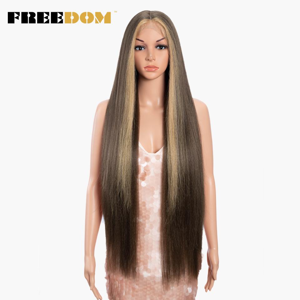 FREEDOM Yaki Straight Synthetische Spitzeperücken für Damen Ombre Braun Handgebundene Spitzeperücke 36 Zoll Mittelscheitel Lang Blau Rosa Cosplay-Perücke