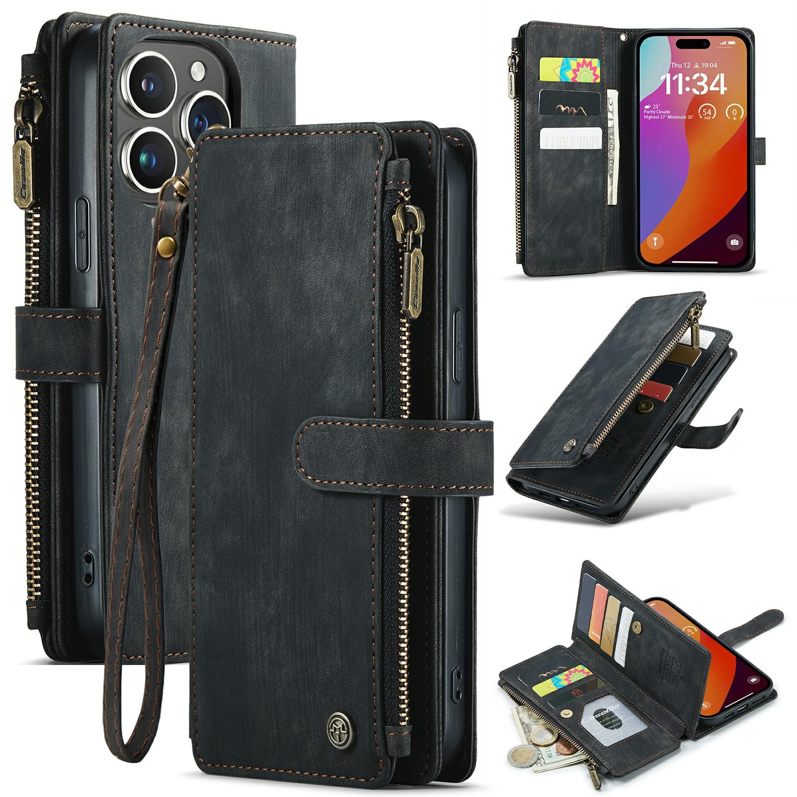 

For iPhone 16 Pro Max Phone Cases with Strap CASEME C30 Zipper Multiple Card Holder PU Leather Cover C