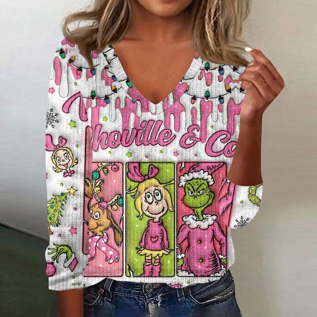 Women's Cute Sweatshirt Knitted Fashion Casual V-neck Long-sleeved  Cozy Print Top