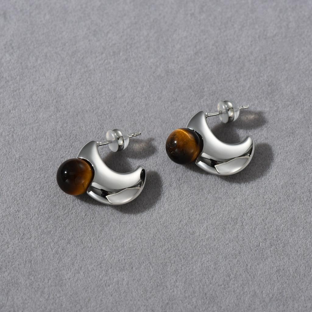 High-End Minimalist Metal Crescent Inlaid Tiger'S Eye Earrings S925 Silver Needle Stud Earrings Niche Temperament Earrings