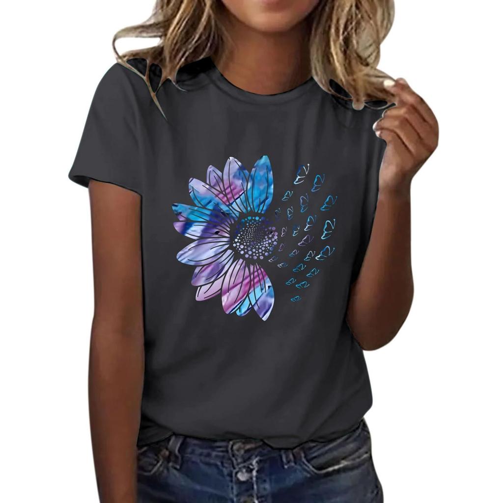 Women's Casual Floral Print Short Sleeved T-shirt With Round Neck Top