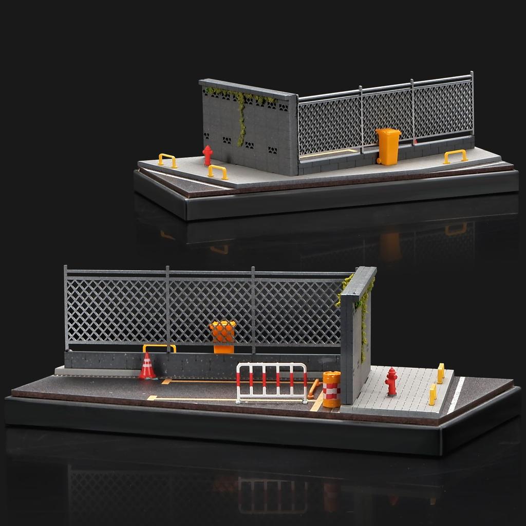 Shoucangjia Display Case for Tomica, Hot Wheels, Matchbox Cars 1:64 Scale Model Garage with Dust Cover, Street Fence Scene Diorama Parking Showcase