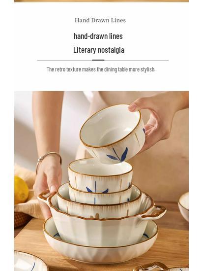 New Double-Ear Ceramic Soup Bowl - 10-Inch Underglaze Large Noodle Bowl for Chinese Household