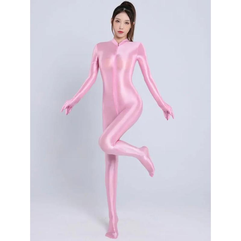 Glossy Shiny Pantyhose Separate Finger Bodystocking Double Zipper Open Crotch Bodysuit Tight Sexy Transparent Conjoined Jumpsuit