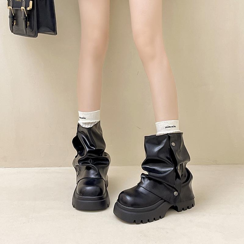 Sense of design British leather boots Rivet stacking boots Women's autumn and winter fashion thick-soled thin thick-heeled high-heeled Martin boots