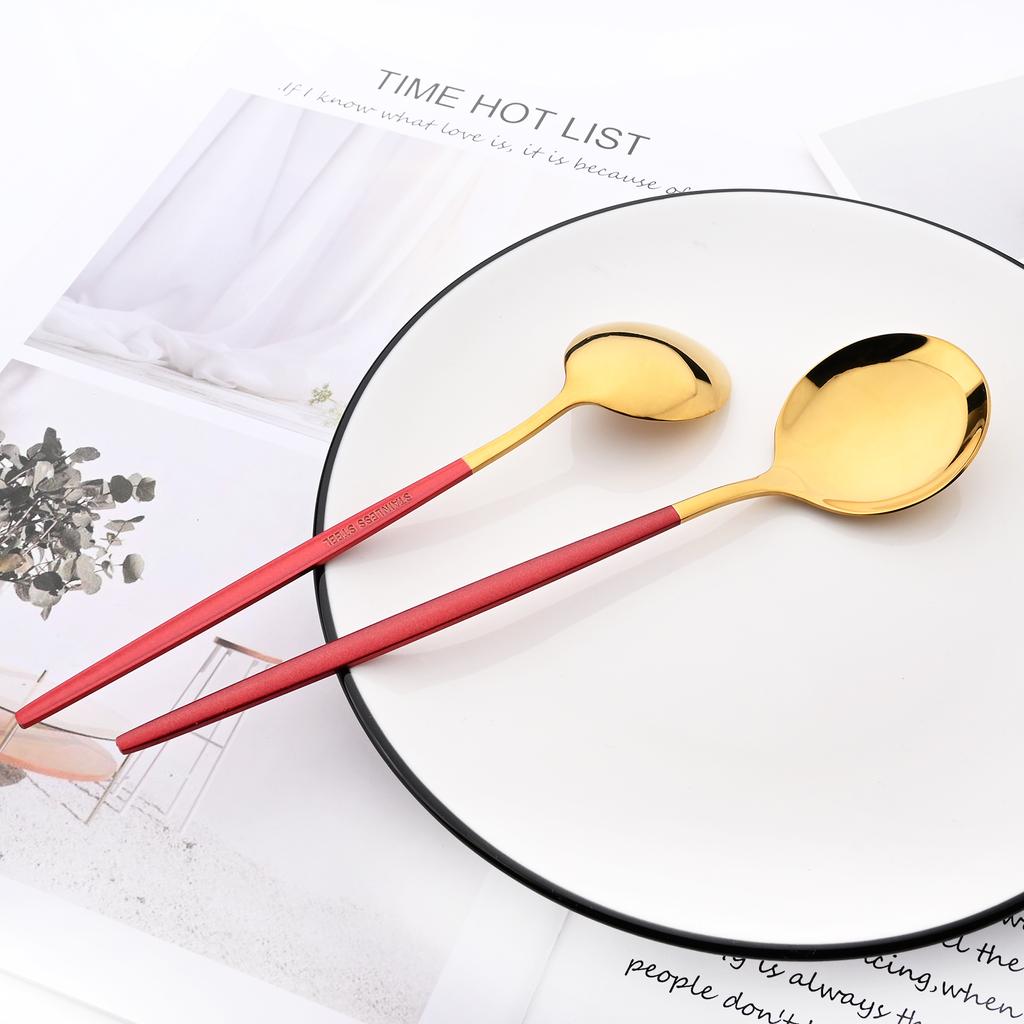 JANKNG 24pcs Tableware For 6 Red Gold Mirror Dinnerware Set Stainless Steel Cutlery Set Include Knife Fork Spoon Teaspoon
