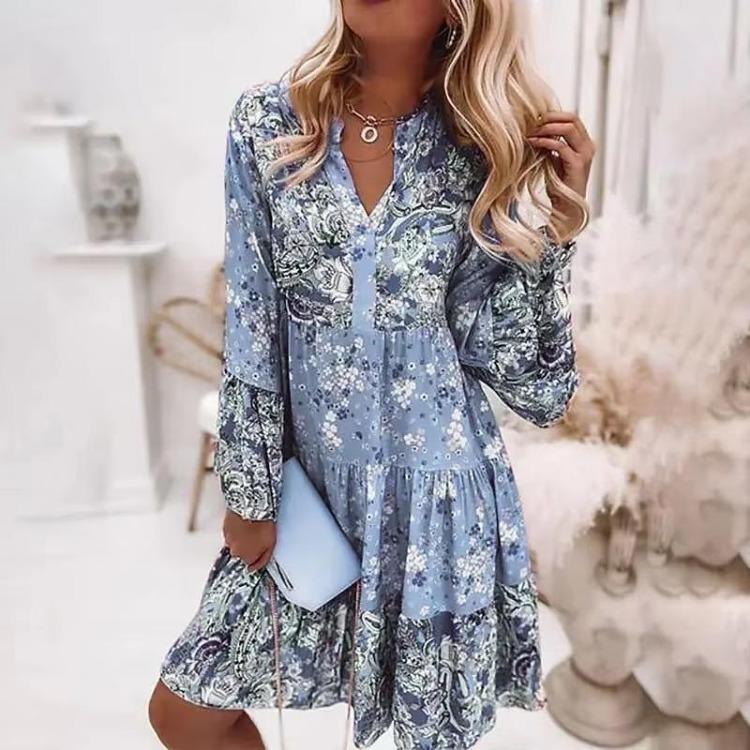 

Casual Long Sleeve Floral Print Dress Women Spring Fall Fashion Loose Waist Stand Collar S синий