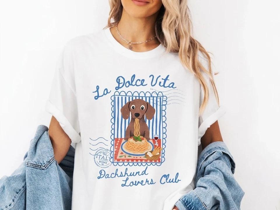 Funny Dachshund Spaghetti Italian Food Dog Lover White T Shirt, Gift For Friends L
