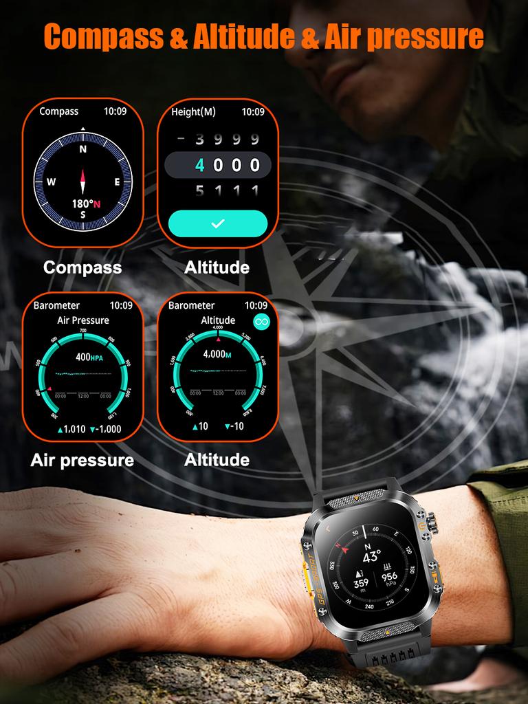 SACOSDING GPS Outdoor Sports Compass BlueTooth Call Smart Watch Waterproof Flashlight Heart Rate Health Smartwatch Information Reminder