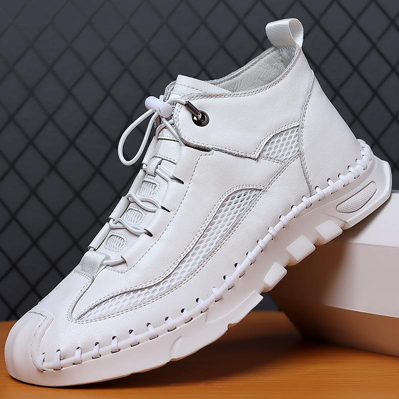 High Top Shoes Men's Thick Soled Casual Shoes Breathable Hollow Mesh Shoes Handmade Soft Soled Men's Genuine Leather Shoes
