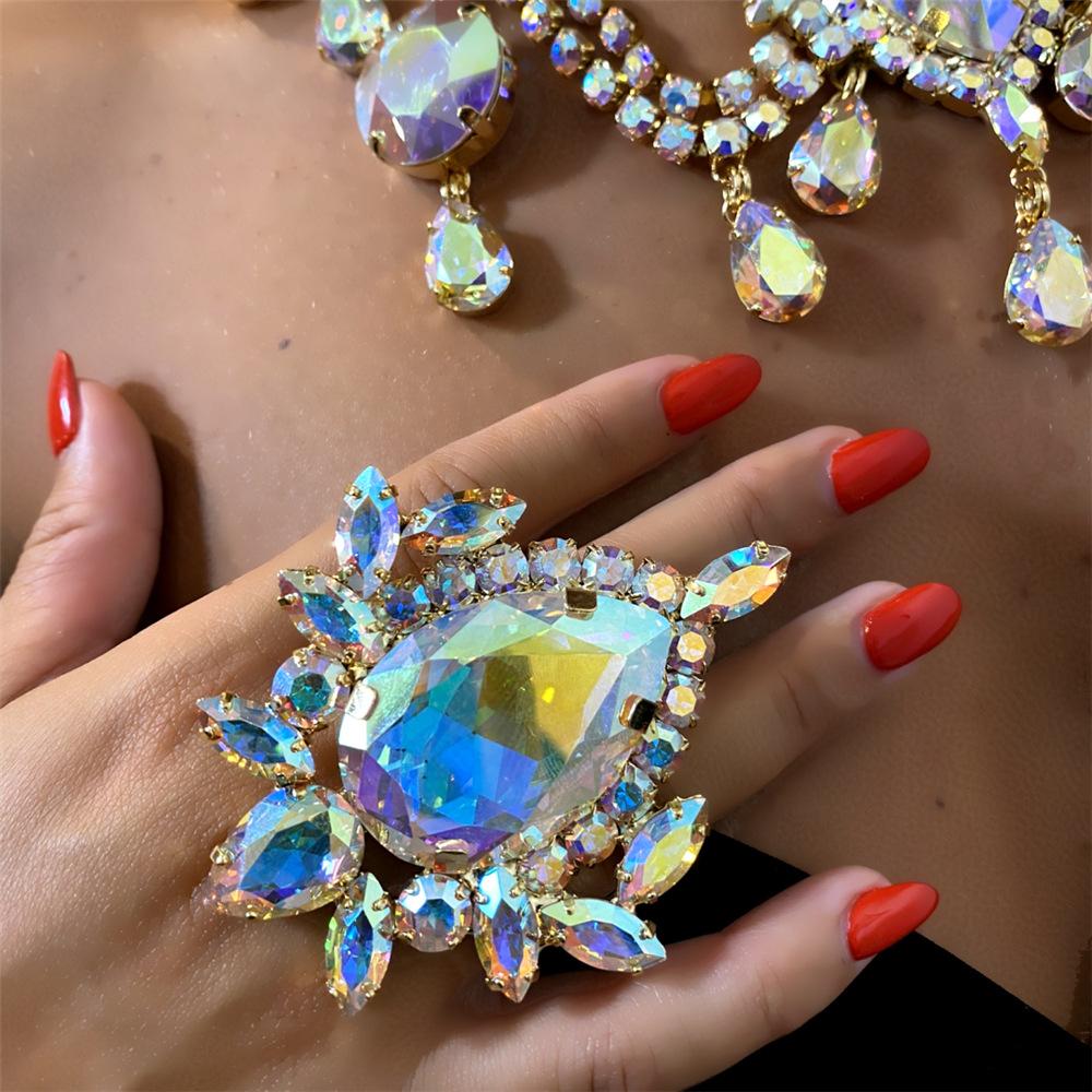 Decorations, Luxury Simple Geometric Colorful Large Water Diamond Rings, Light Luxury Feng Shui Diamond Ring Jewelry