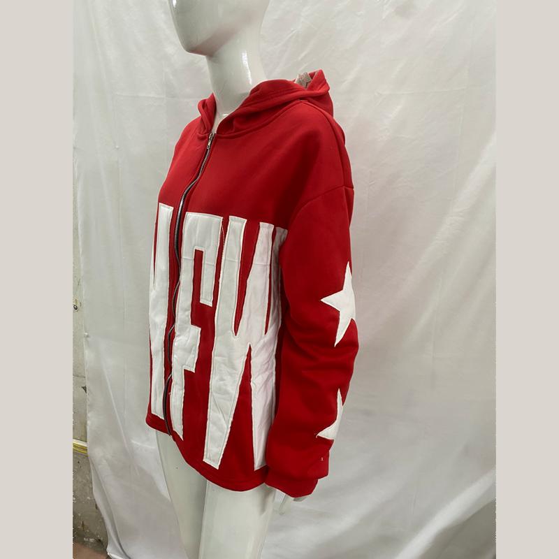 Street Star Pattern Patchwork Letter Long Sleeved Loose Hoodie