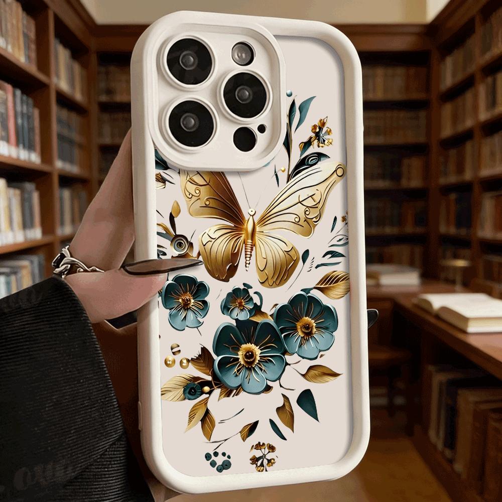 Golden Butterfly Teal Flowers Soft TPU Shockproof Case For Xiaomi Redmi Note 15 14 13 12 11 Pro Anti-Fall Protective Back Cover
