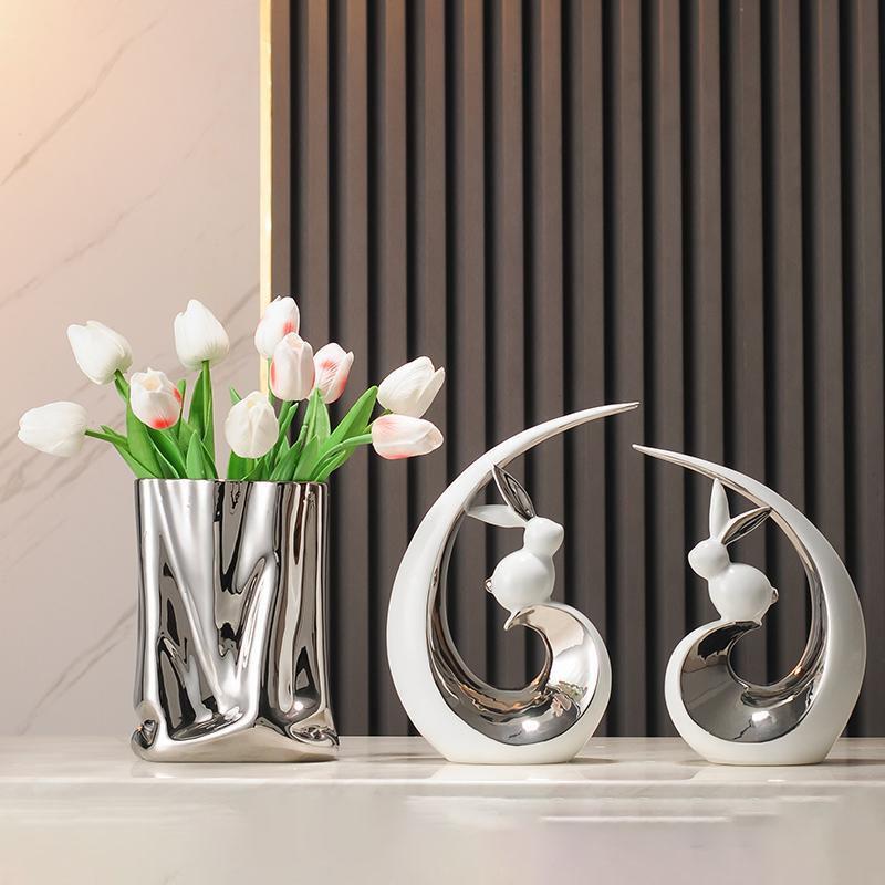 Modern Creative Rabbit Ceramic Ornaments Office Cafe Table Sculpture Gift Crafts Home Living Room Bookshelf Desk Figurines Decor