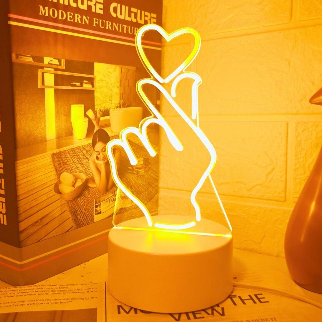 Finger Heart 3D Night Light Monochrome Switch Visual Stereo LED Light Bedroom Room Decoration Light