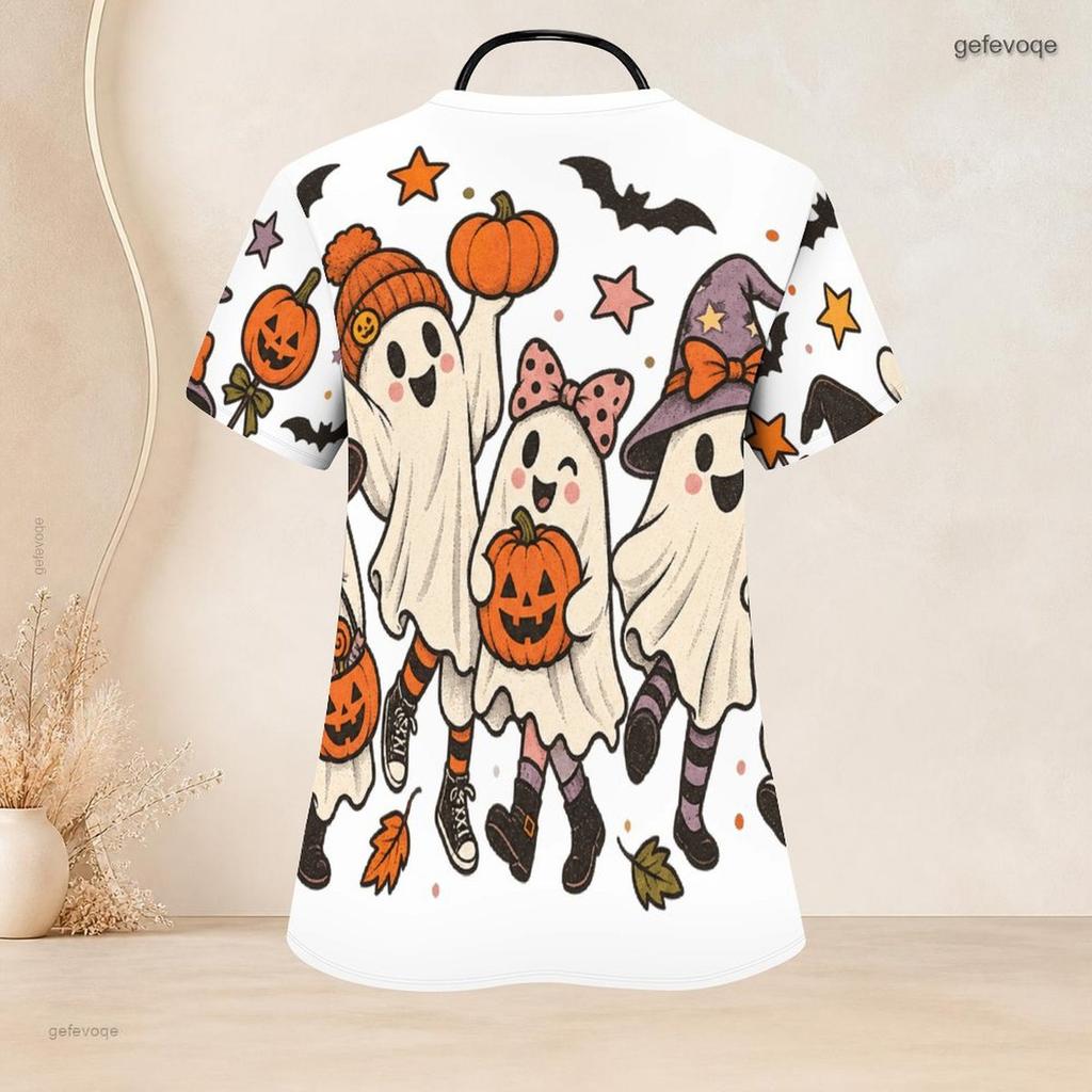 Women Plus Size Halloween Ghost Pumpkin Print Scrub Top V Neck Short Sleeve With Front Pockets