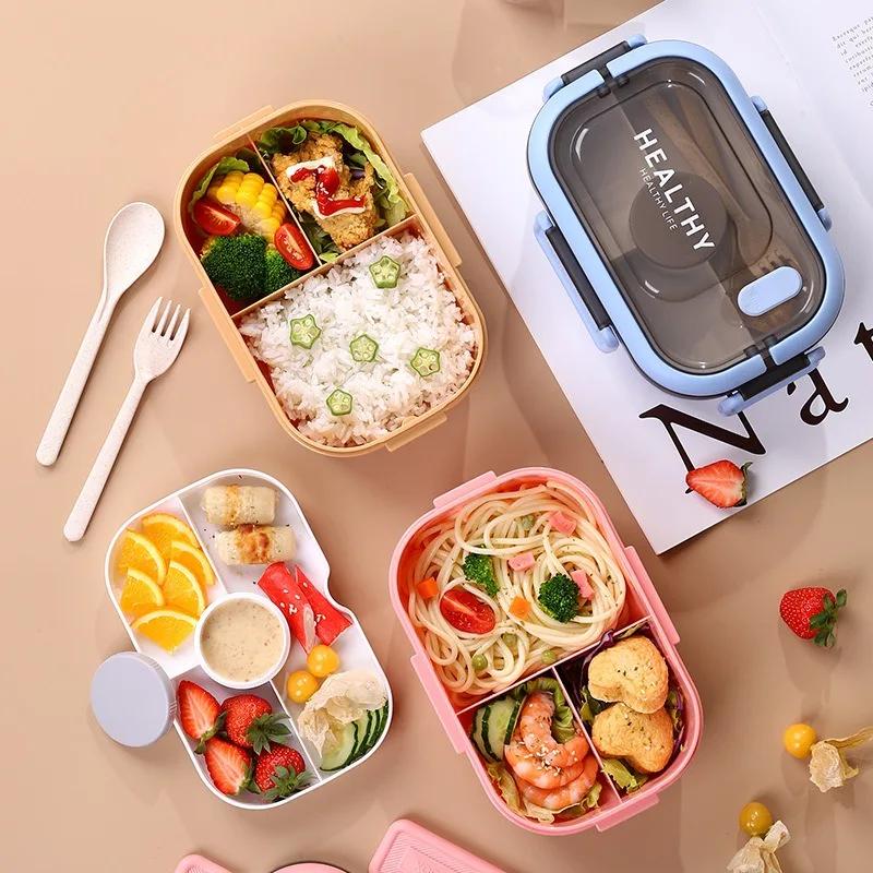 Portable Double Layer Lunch Box Compartment Salad Fruit Box with Handles Students Workers Microwave Bento Box with Fork Spoon