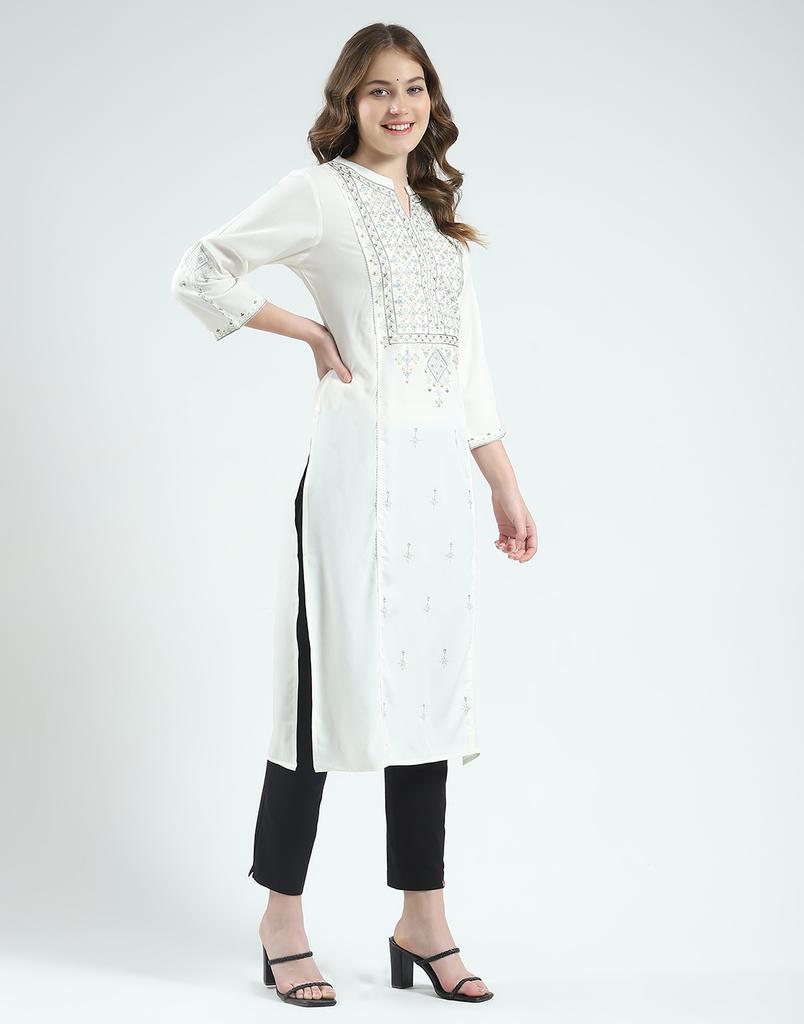 MONTE CARLO Women's Regular Fit Self Designed Round Neck 3/4 Sleeve Kurti