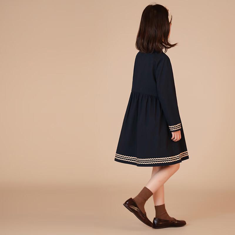 Hacikis Girls' Navy Preppy Style Long Sleeve Cotton Dress