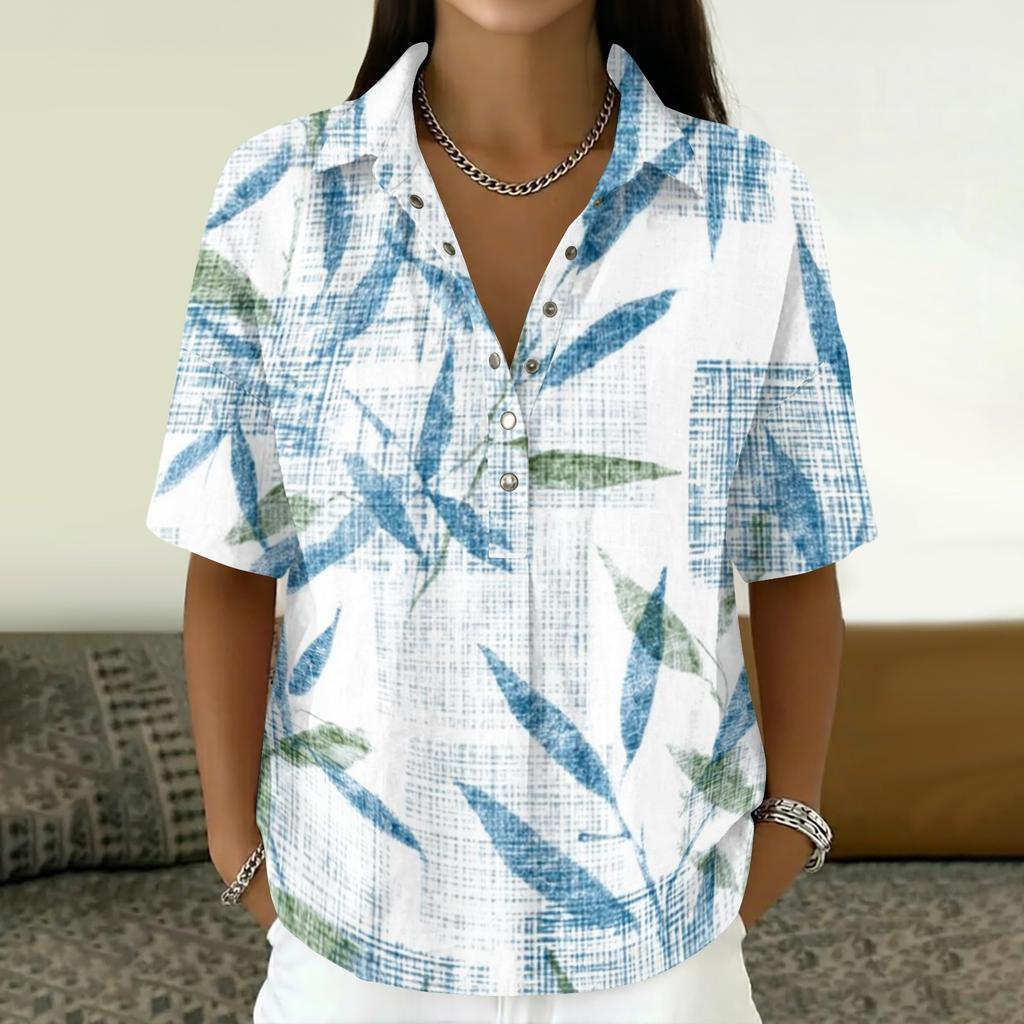 Damen Mode Polo Kragen Knopf Vintage Blumendruck Locker Geschnitten Kurzarm T-Shirt Leinenmischung Lässiges Oberteil für den Sommer