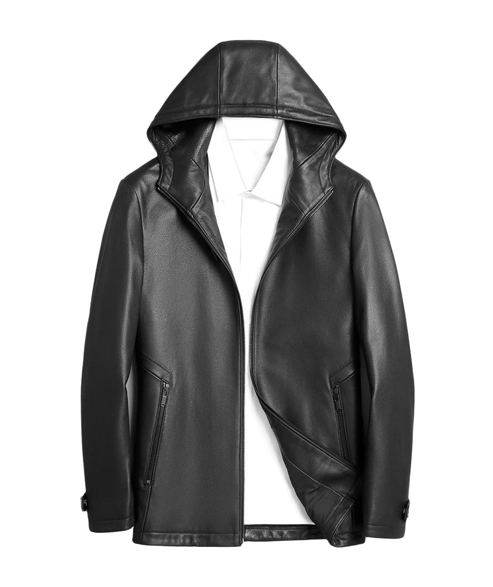 

JINLUN Hooded Leather Goatskin Leather Biker Hooded Goatskin Leather Genuine Black Men s Jacket, Parka, Jacket, Jacket, Leather, (Black, 2XL) чорний