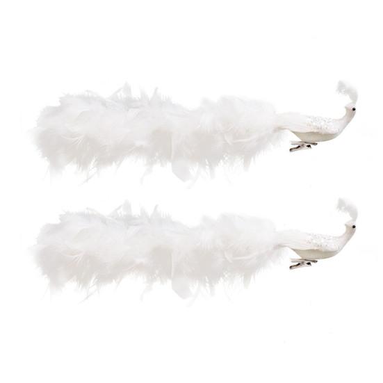 16in White Peacock Tree Topper Artificial Long Tail Glitter Peacock Clip Ornaments Faux Simulation Feathered Peacock for Christmas Tree Decor